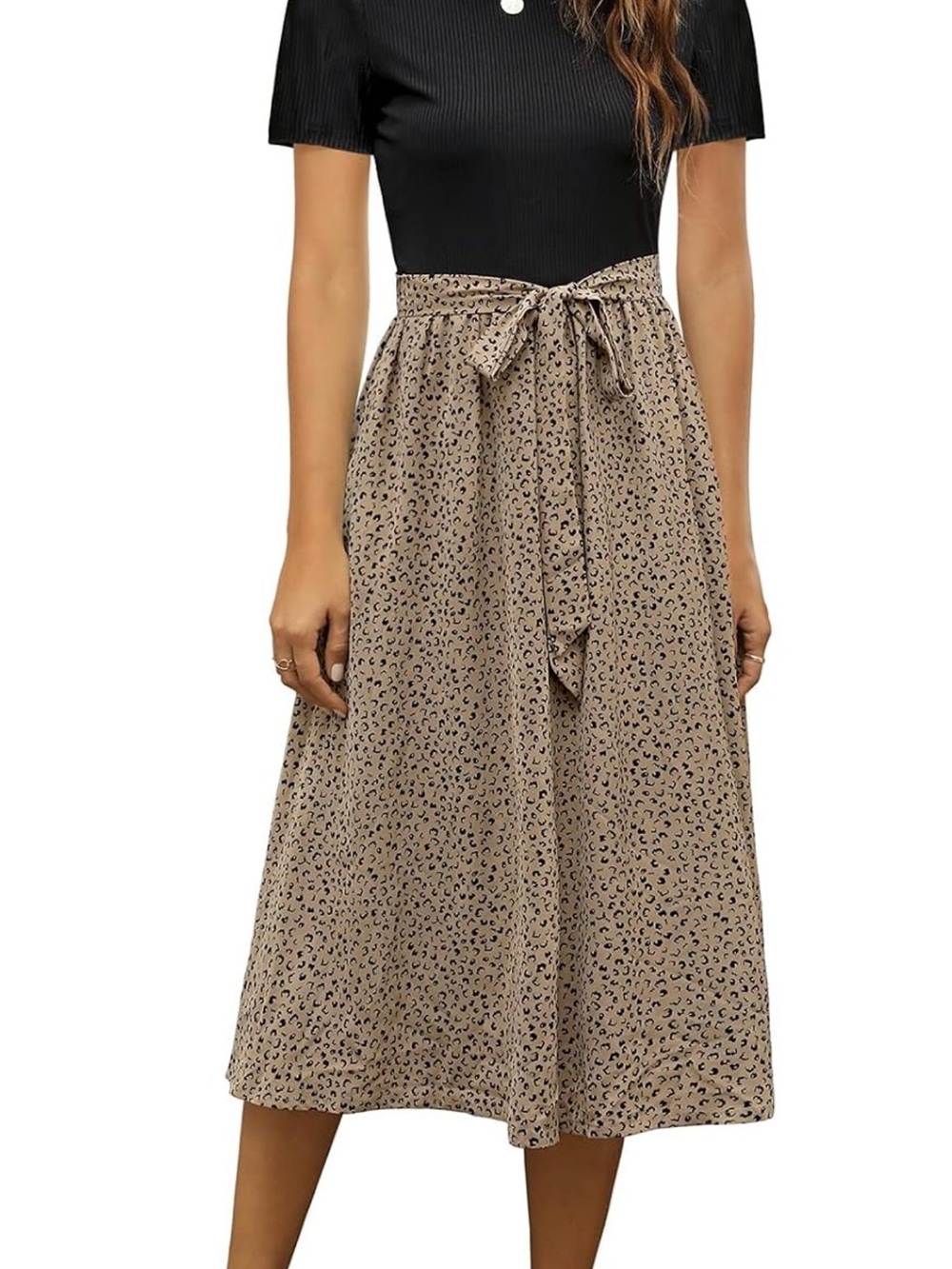 Amazon Beige Leopard-Print Midi Skirt with Tie Waist